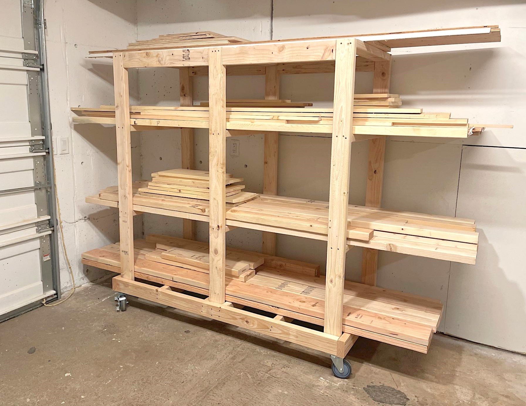 rolling wood storage cart with 2x4 construction
