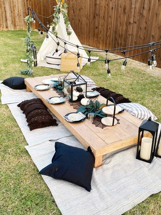 low picnic table boho style