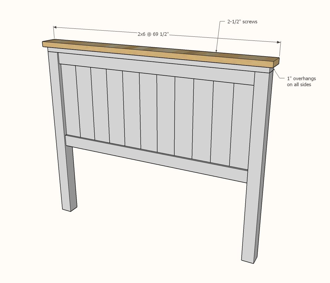 Diagram showing attaching the 2x6 top to the headboard panel