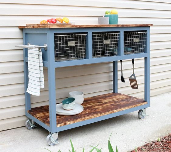 mobile island grill cart with towel and utensil storage