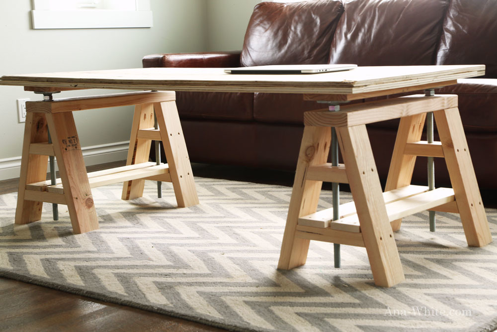 desk to coffee table with industrial style sawhorses free plans from 