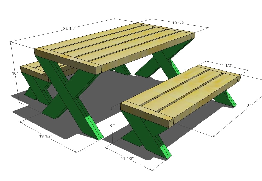Table: 34 1/2" x 19 1/2" x 16" Bench(2): 31" x 11 1/2" x 8"