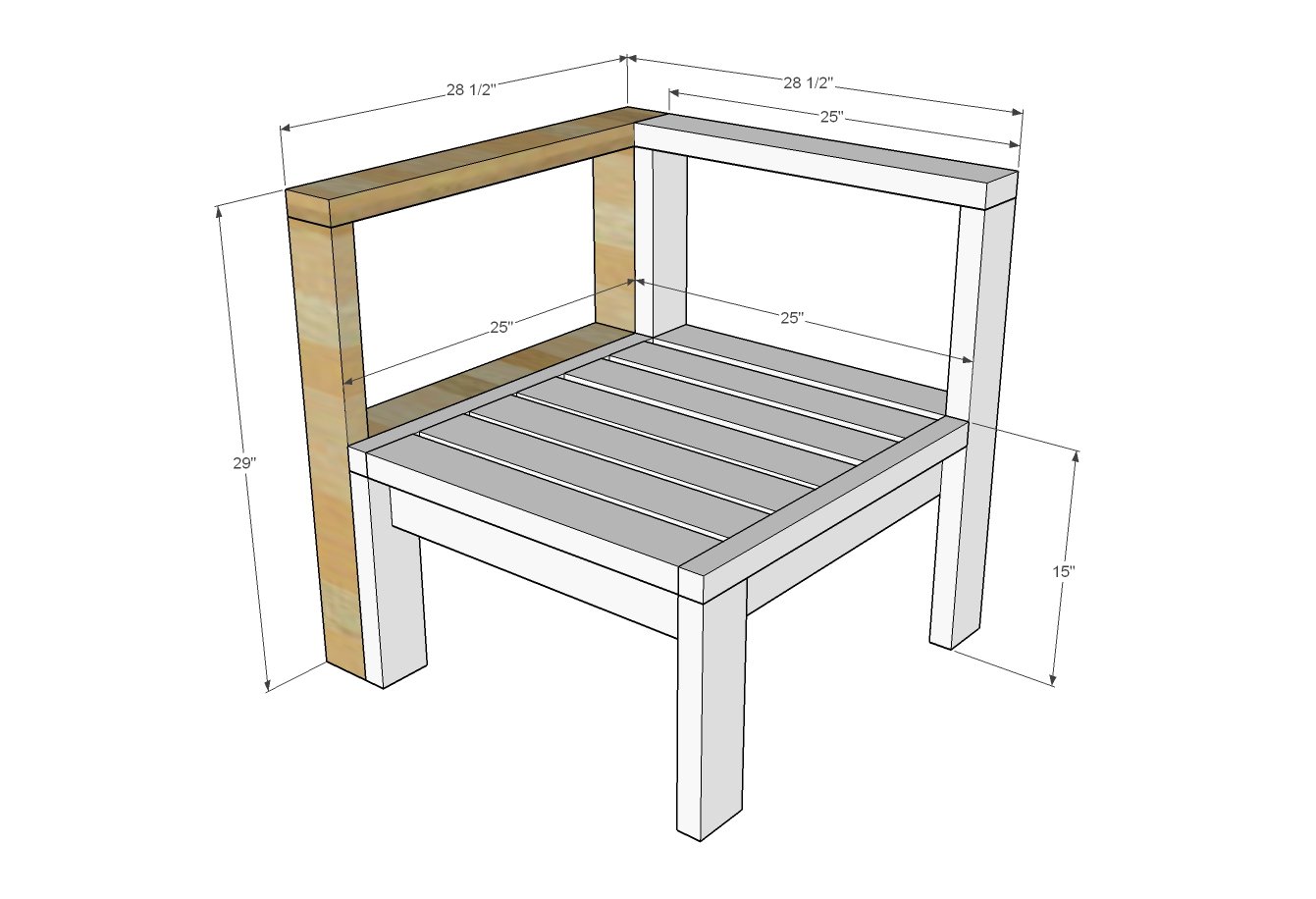 dimensions diagram for outdoor sectional piece with corner