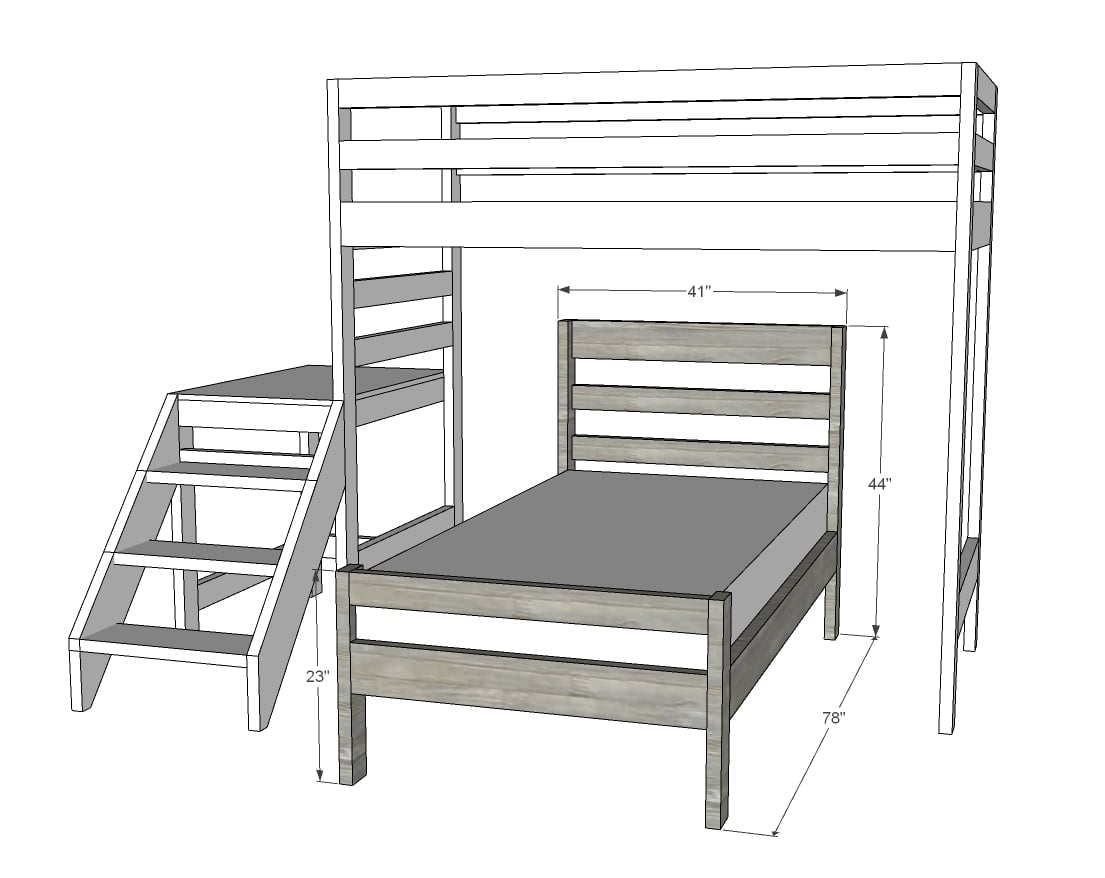loft bed with stairs and bed underneath