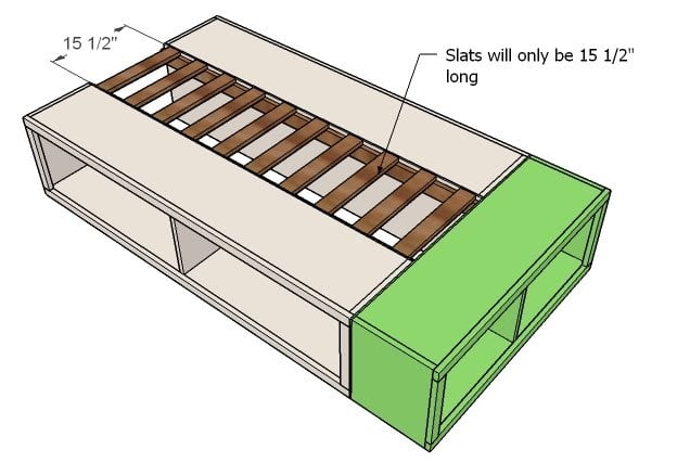 You’re slats for the twin bed will only need to be 15 1/2″ long 