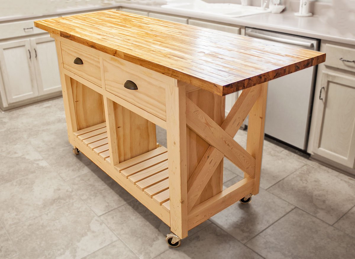 rustic x kitchen island with butcher block top