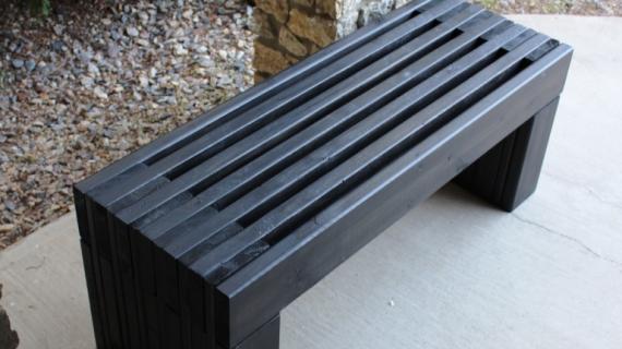 modern slat top wood outdoor bench