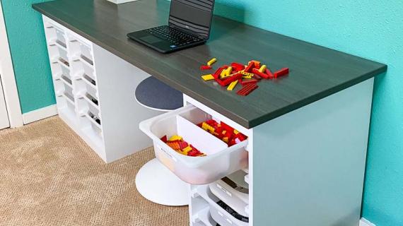 DIY desk with storage bins