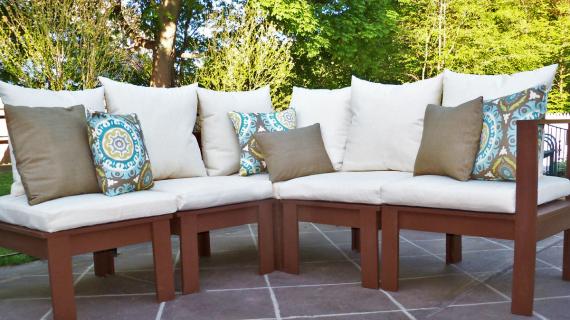 white cushions on a brown outdoor sectional farmhouse style feel