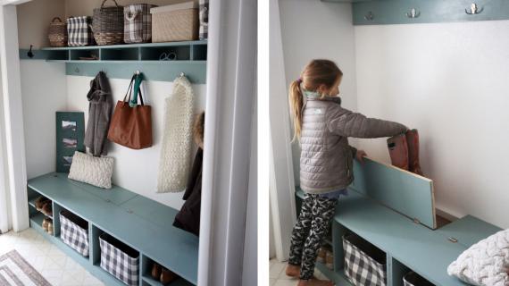 mudroom built in closet with hinge up boot storage compartment