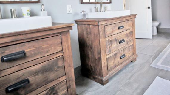 rustic modern bathroom vanities with three drawers and white farmhouse sinks