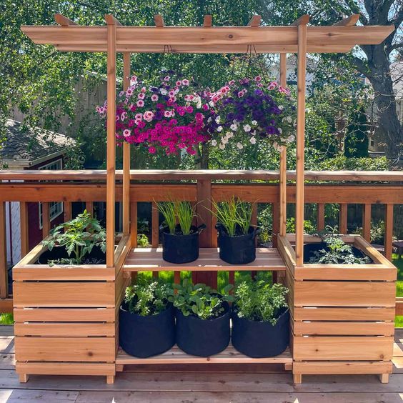 outdoor hanging plant stand with arbor