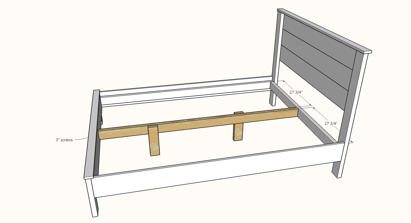 bed frame center support attached to headboard and footboard