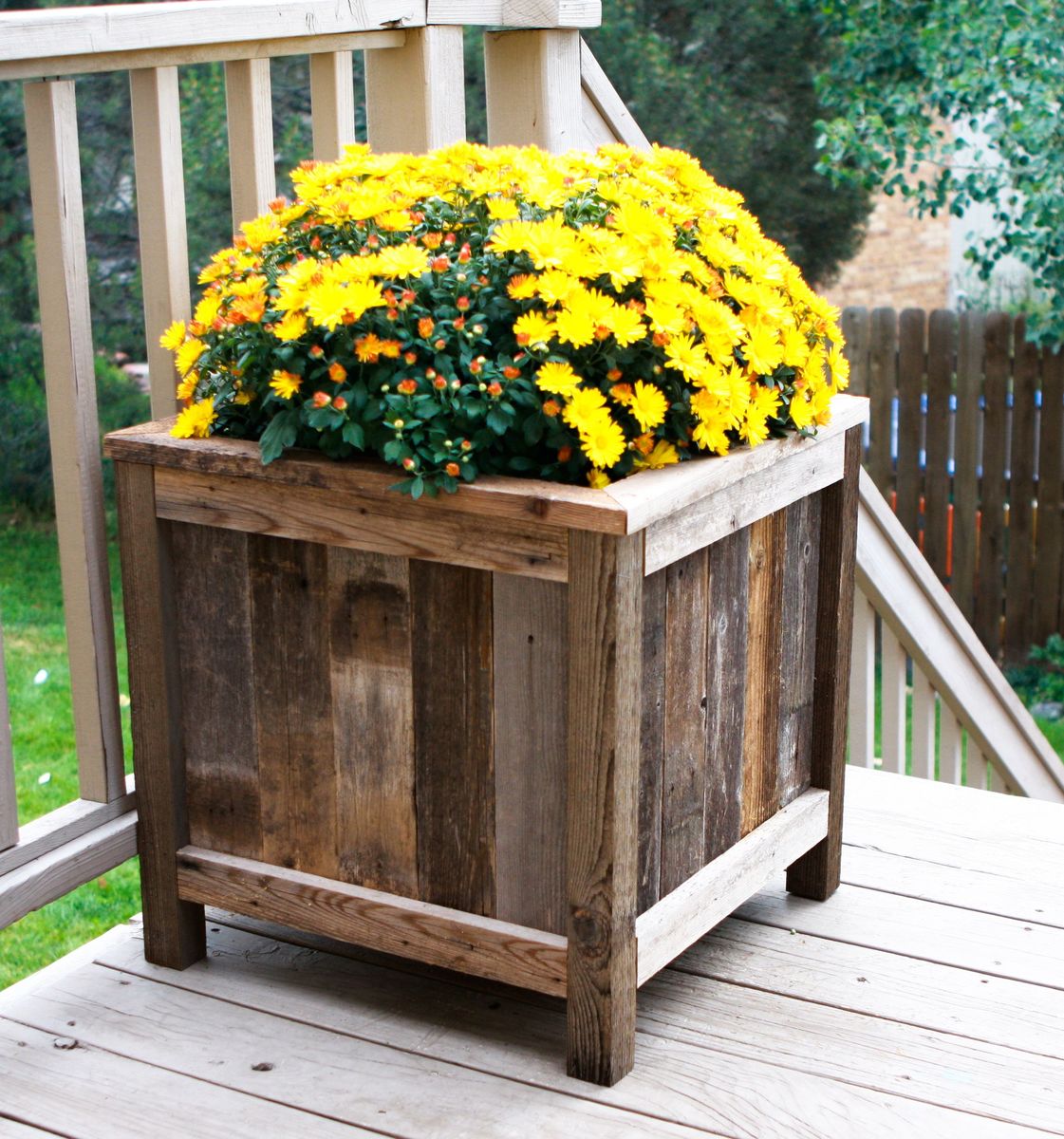 beautiful reclaimed wood planter box made by a reader with yellow flowers