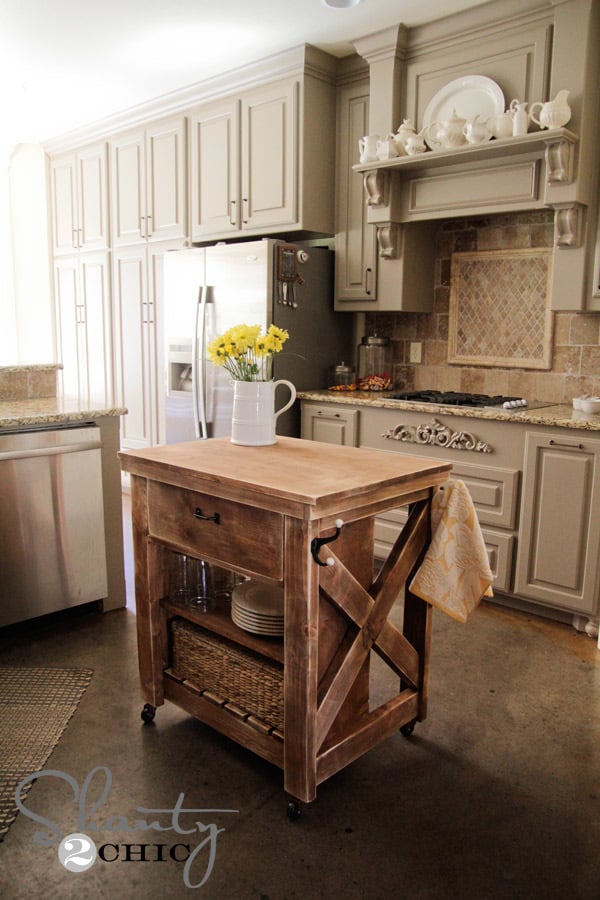 Rustic X Small Rolling Kitchen Island, Narrow Movable Kitchen Island