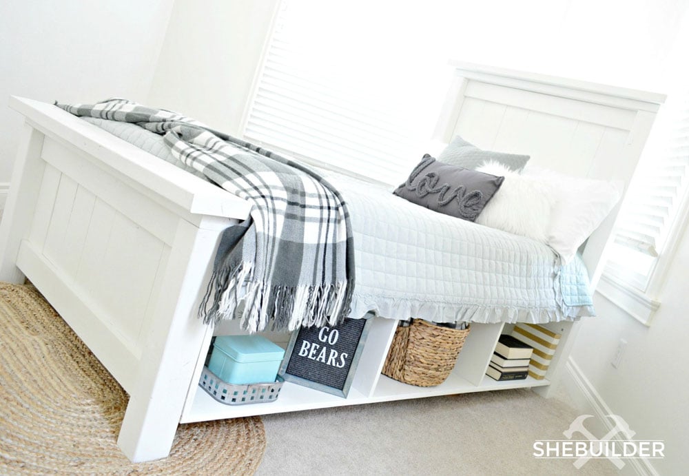 farmhouse bed with storage sides