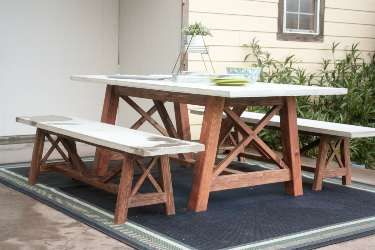 X Base Outdoor Concrete Table and Bench Set