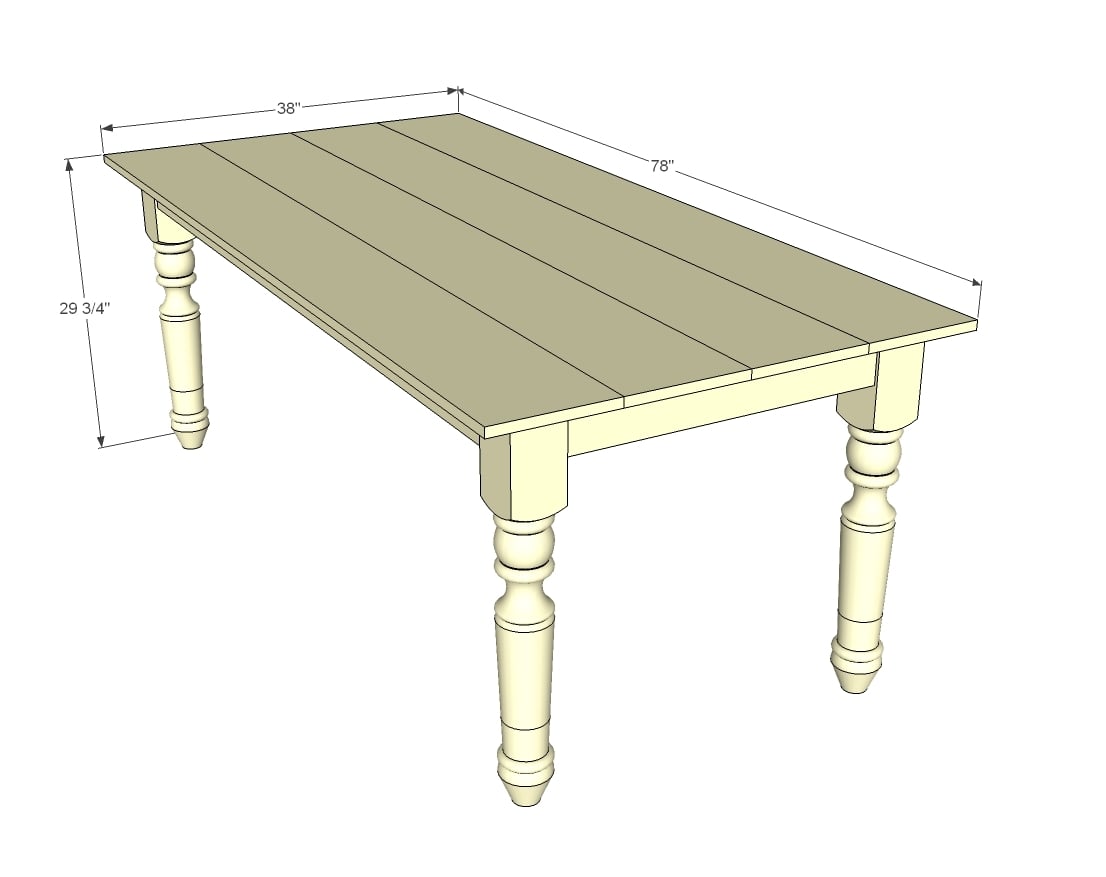 dimensions diagram of farmhouse table with turned legs