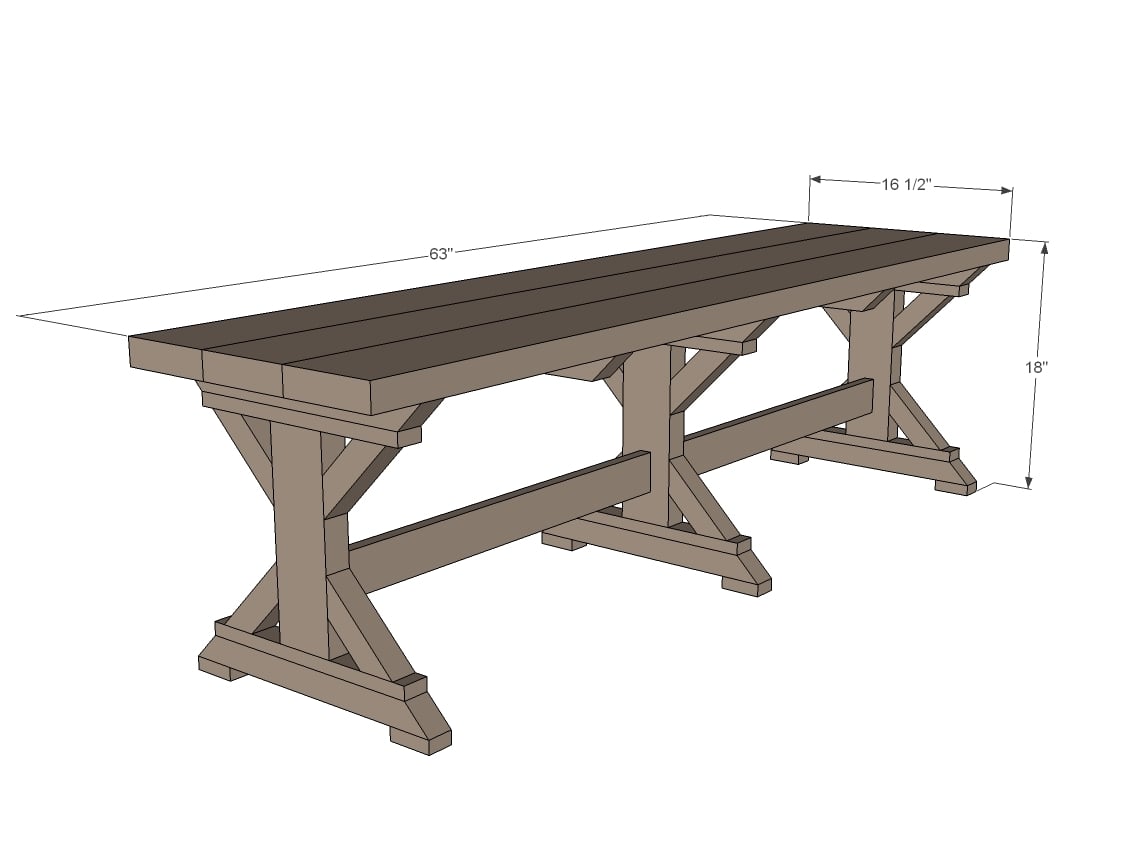 diagram showing dimensions for the fancy x farmhouse bench