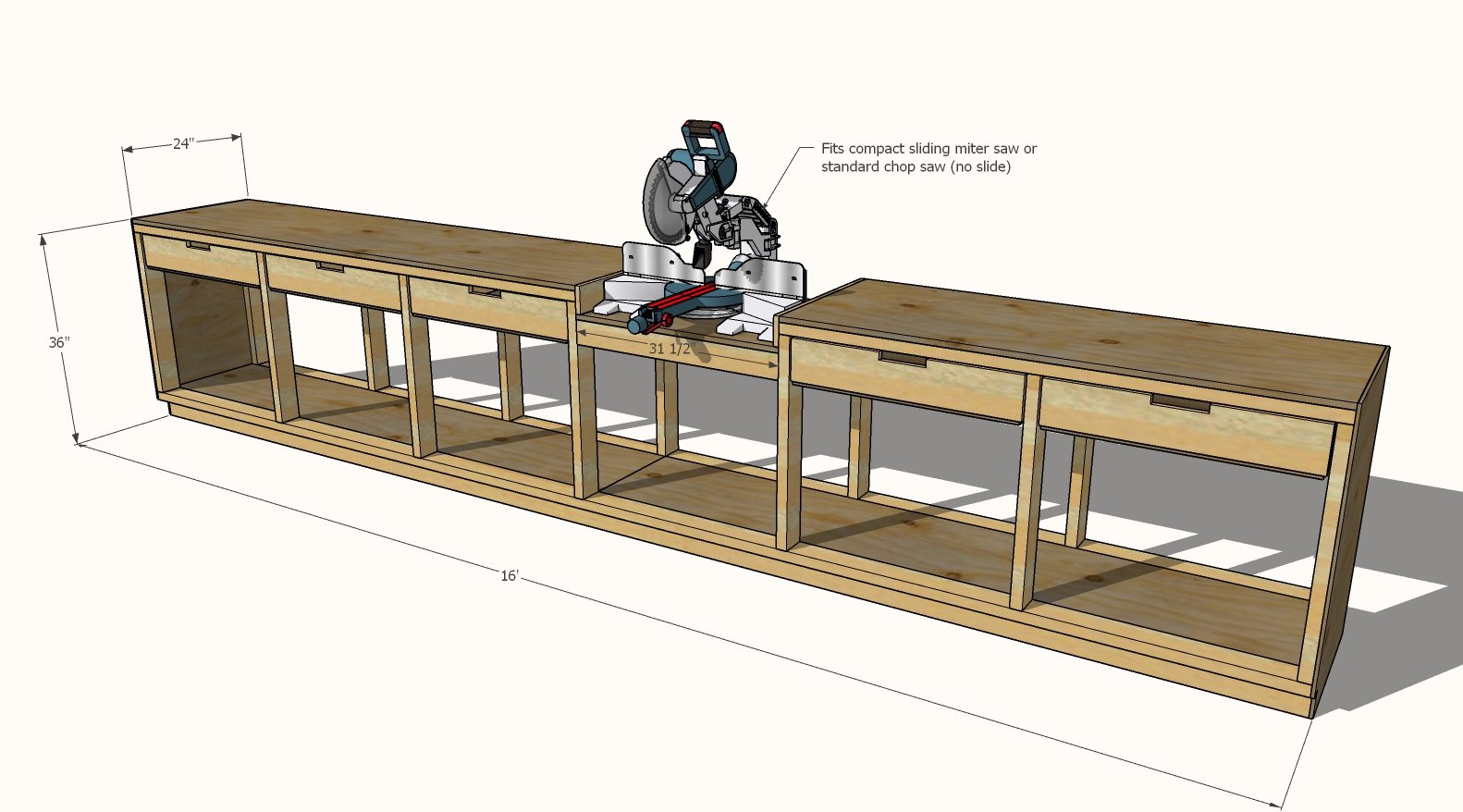 dimensions for drawer workbench with miter saw