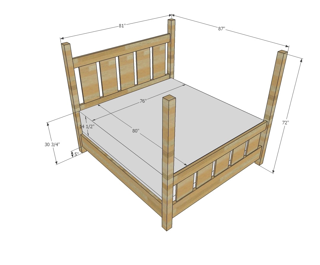 Slatted Four Post Farmhouse Bed, 4 Post King Bed Frame