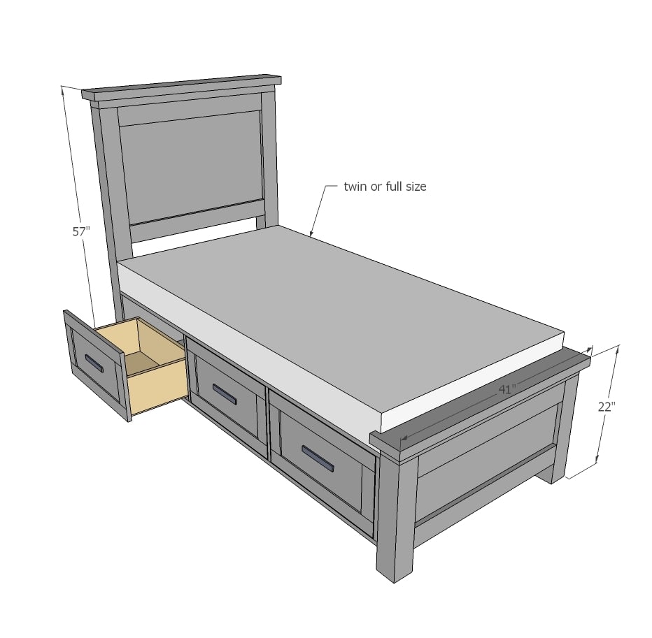 dimensions diagram for farmhouse bed with storage drawers, twin and full