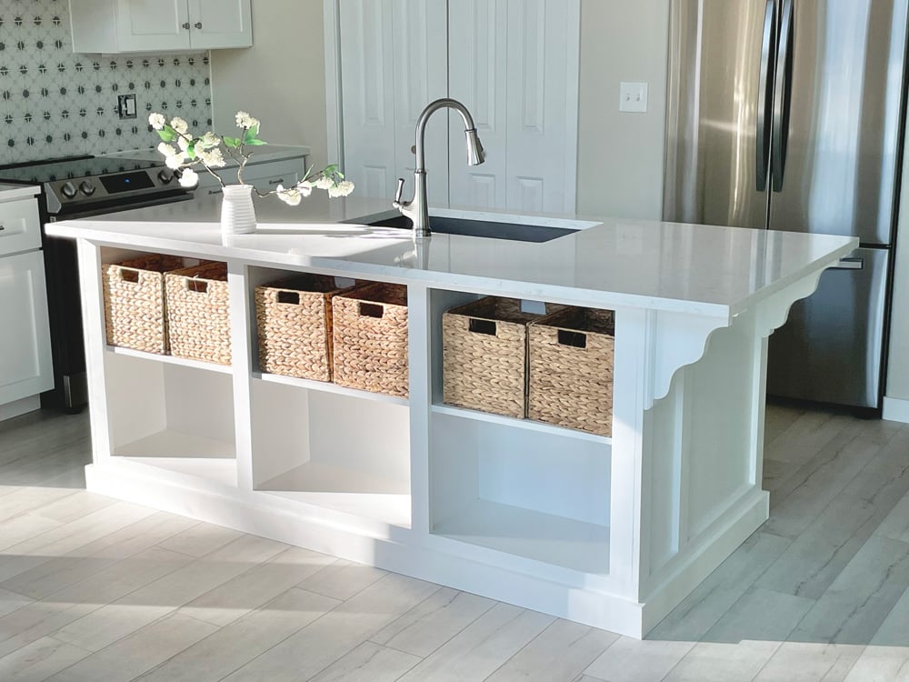 kitchen island with open shelving