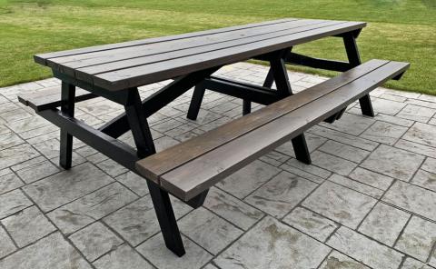 8 foot wooden picnic table with attached wooden benches